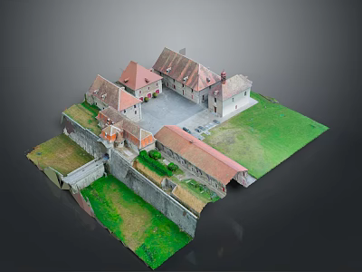 Historic Castle Architecture Model With Red Roofs Courtyard Stone Walls And Green Grass 3d model