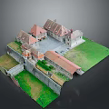 Historic Castle Architecture Model With Red Roofs Courtyard Stone Walls And Green Grass