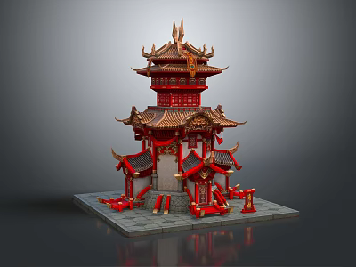 Cartoon Scenery Chinese Traditional Pavilion With Multi Tiered Structure Red Gold Decor And Curved Eaves 3d model