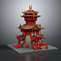 Cartoon Scenery Chinese Traditional Pavilion With Multi Tiered Structure Red Gold Decor And Curved Eaves