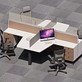 Modern Office Desk Setup With Partition Computer Monitor Drawer Cabinet And Office Chairs
