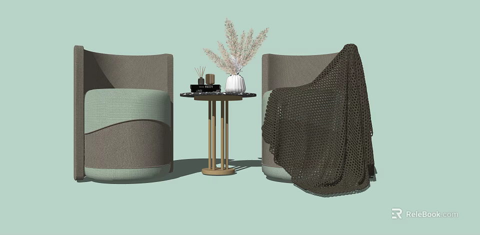 Casual Sofa Set with Two Curved Seats Side Table Pampas Grass Vase and Knitted Blanket 3d model 