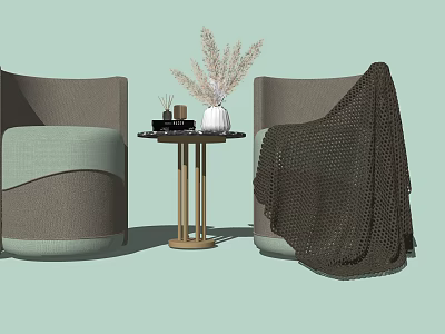 Casual Sofa Set with Two Curved Seats Side Table Pampas Grass Vase and Knitted Blanket 3d model
