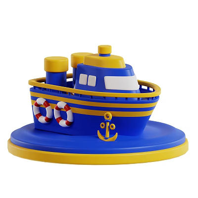 Blue and Yellow Toy Ship Model with Lifebuoys Anchor Yellow Chimneys and Round Base 3d model