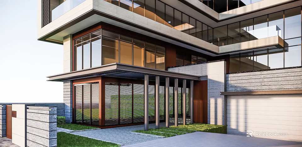 Modern Detached Single Family House With Large Glass Windows Columned Entrance Lawn And Driveway 3d model 