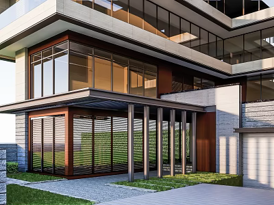 Modern Detached Single Family House With Large Glass Windows Columned Entrance Lawn And Driveway 3d model