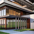 Modern Detached Single Family House With Large Glass Windows Columned Entrance Lawn And Driveway