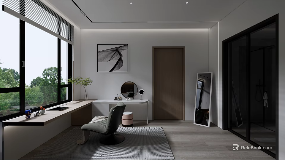 Elegant Modern Study Room Interior Design With Large Window Wooden Desk Comfortable Chair And Artwork 3d model 