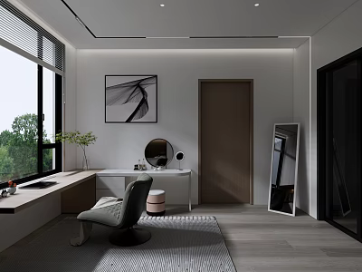 Elegant Modern Study Room Interior Design With Large Window Wooden Desk Comfortable Chair And Artwork 3d model