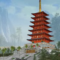 Red Multi Tiered Ancient Pagoda Architecture Surrounded by Mountain and Trees