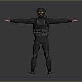 Game Movie Character In Black Tactical Gear With Gas Mask And Helmet