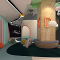 Modern Vibrant Indoor Playground With Colorful Arches Green Plants And Seating Benches