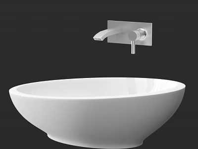 Modern White Ceramic Countertop Washbasin With Sleek Wall Mounted Faucet Design 3d model