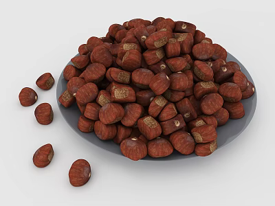 Heap of Fresh Hazelnuts on Gray Plate with Scattered Nuts Around 3d model