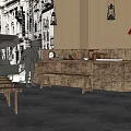 Vintage Bar Interior with Wooden Beam Ceiling Rustic Walls Old Painting Long Wooden Counter Benches