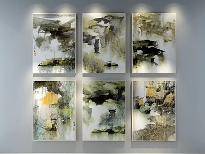 Six Panel Abstract Paintings Hanging On White Wall With Modern Artistic Texture 3d model