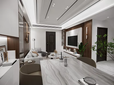 Modern Living Dining Room Interior With Marble Tabletop Sofa TV Wall And Plants 3d model