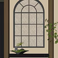 Serene Restaurant Arched Window Design With Black Frame Frosted Glass Grid And Green Plants