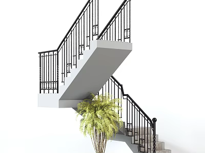 Modern Staircase With Gray Steps Black Wrought Iron Railings And Underneath Green Plant 3d model