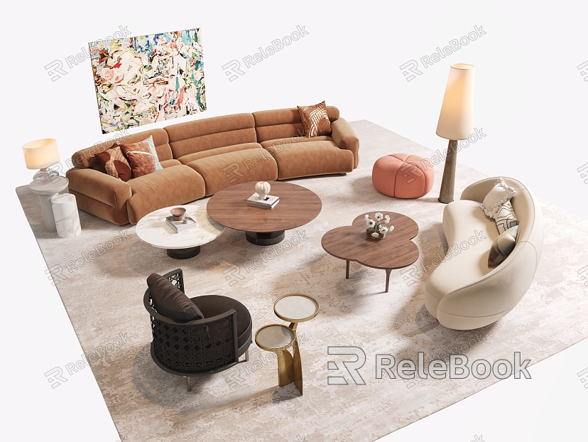 Modern Curved Sofa Coffee Table Combination Special-shaped Leisure Sofa Double Sofa Letter Coffee Table Floor Lamp Carpet Pier model