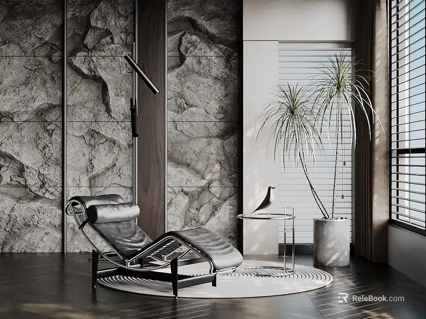 Decorative Ornaments Set With Stone Wall Leather Recliner Bird Figurine And Potted Plant 3d model 