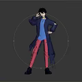 Child With Black Hair Posing In Blue Shirt Red Pants And Dark Coat