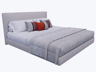Modern Double Bed Featuring Upholstered Headboard White Gray Red Orange Striped Pillows And Gray Bedspread 3d model