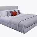 Modern Double Bed Featuring Upholstered Headboard White Gray Red Orange Striped Pillows And Gray Bedspread