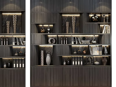 Modern Wooden Bookcase With Layered Shelves Decorative Vases Sculptures And Books 3d model