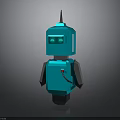 Blue 3D Robot Model With Spiked Head Square Body Green Eyes And Dark Background
