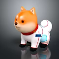 Shiba Inu Toy Wearing White Outfit With Red Collar And Blue Patch On Black Background