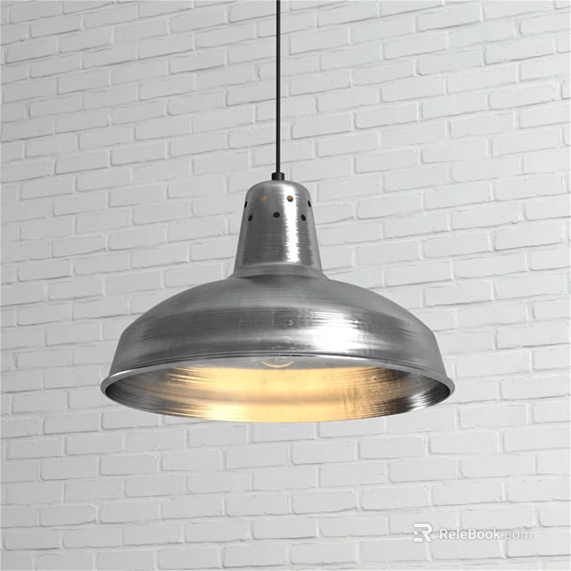 Modern Silver Metal Pendant Light With Dome Shade And Warm Glow Over White Brick Wall 3d model 