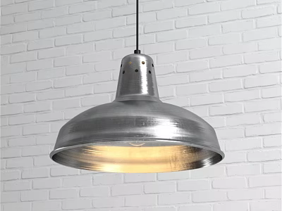 Modern Silver Metal Pendant Light With Dome Shade And Warm Glow Over White Brick Wall 3d model