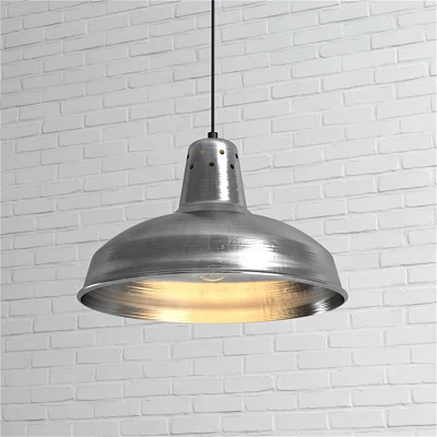 Modern Silver Metal Pendant Light With Dome Shade And Warm Glow Over White Brick Wall 3d model