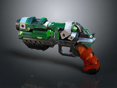Futuristic Green Silver Pistol Weapon With Orange Grip And Mechanical Structure 3d model