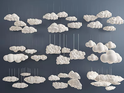 Multiple Decorative White Cloud Shaped Chandeliers Hanging From Dark Ceiling 3d model