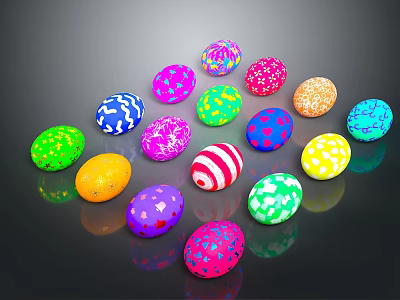 Colorful Easter Eggs With Shiny Surfaces And Various Patterns On Dark Background 3d model