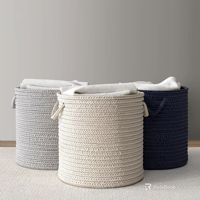 Woven Storage Baskets in Gray Beige Navy Blue for Home Organizing with Soft Cloth Inserts 3d model 
