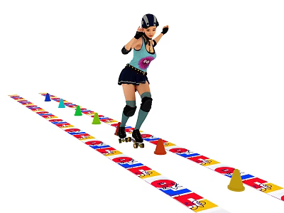 Woman Roller Skating With Helmet And Protective Gear On Colorful Cone Marked Track 3d model