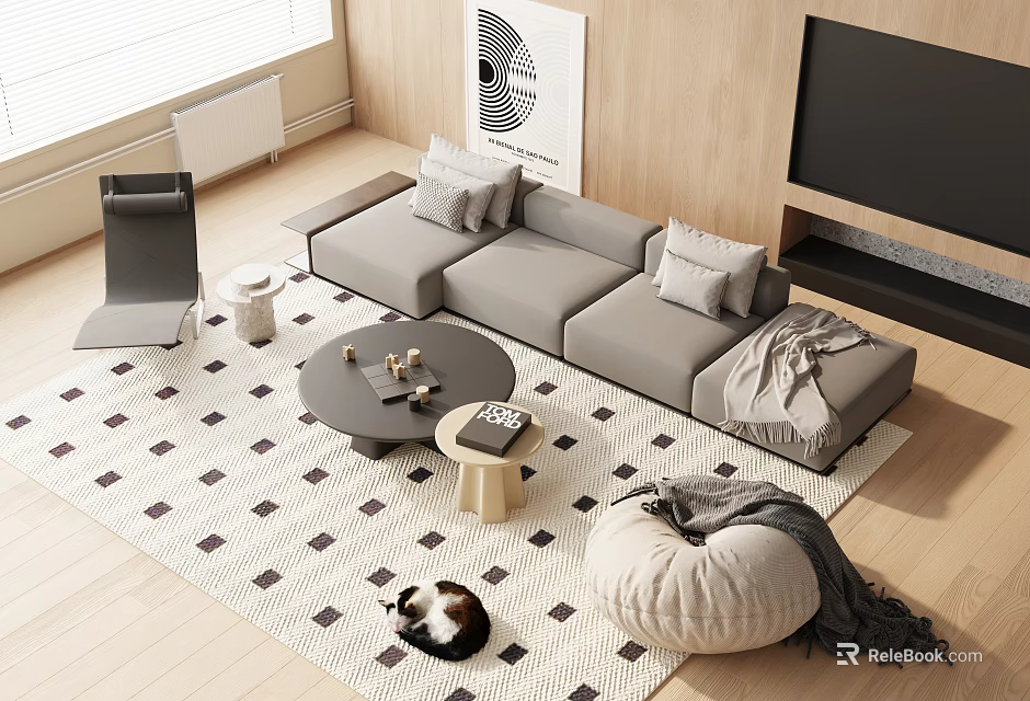 Modern Gray Sofa and Coffee Table Set With Pillows Geometric Rug And Wall Artwork 3d model 