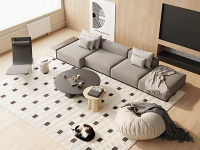 Modern Gray Sofa and Coffee Table Set With Pillows Geometric Rug And Wall Artwork 3d model