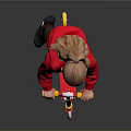 Child Riding Red Scooter In Red Sweater And Brown Pants On Gray Background
