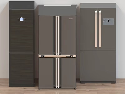 Modern Refrigerators Design With Different Door Styles Metallic Gray Finish And Control Panels 3d model