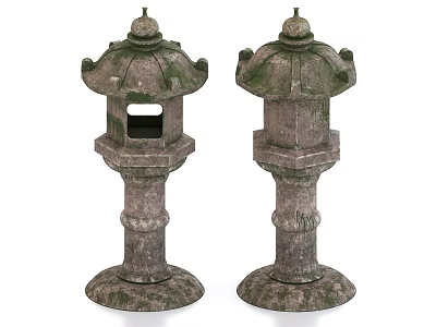 Traditional Garden Landscape Featuring Weathered Stone Lanterns With Mossy Finish 3d model