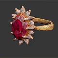 Elegant Gold Ring With Large Red Gemstone And Surrounding White Stones 3d model