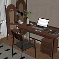 Wooden Writing Desk with Laptop Notebook Mouse Pad Drawer Cabinet Matching Chair and Bookshelf Plant