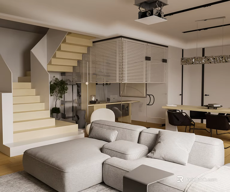 Modern Living Dining Room Interior With Staircase Sofa Dining Table And Pendant Lights 3d model 