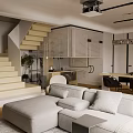 Modern Living Dining Room Interior With Staircase Sofa Dining Table And Pendant Lights