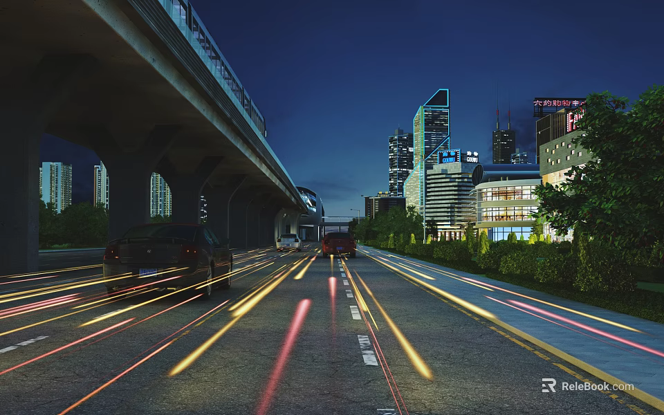 Municipal Road At Night With Vehicle Light Trails Overpass Tall Buildings Street Lights And Greenery 3d model 
