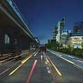 Municipal Road At Night With Vehicle Light Trails Overpass Tall Buildings Street Lights And Greenery